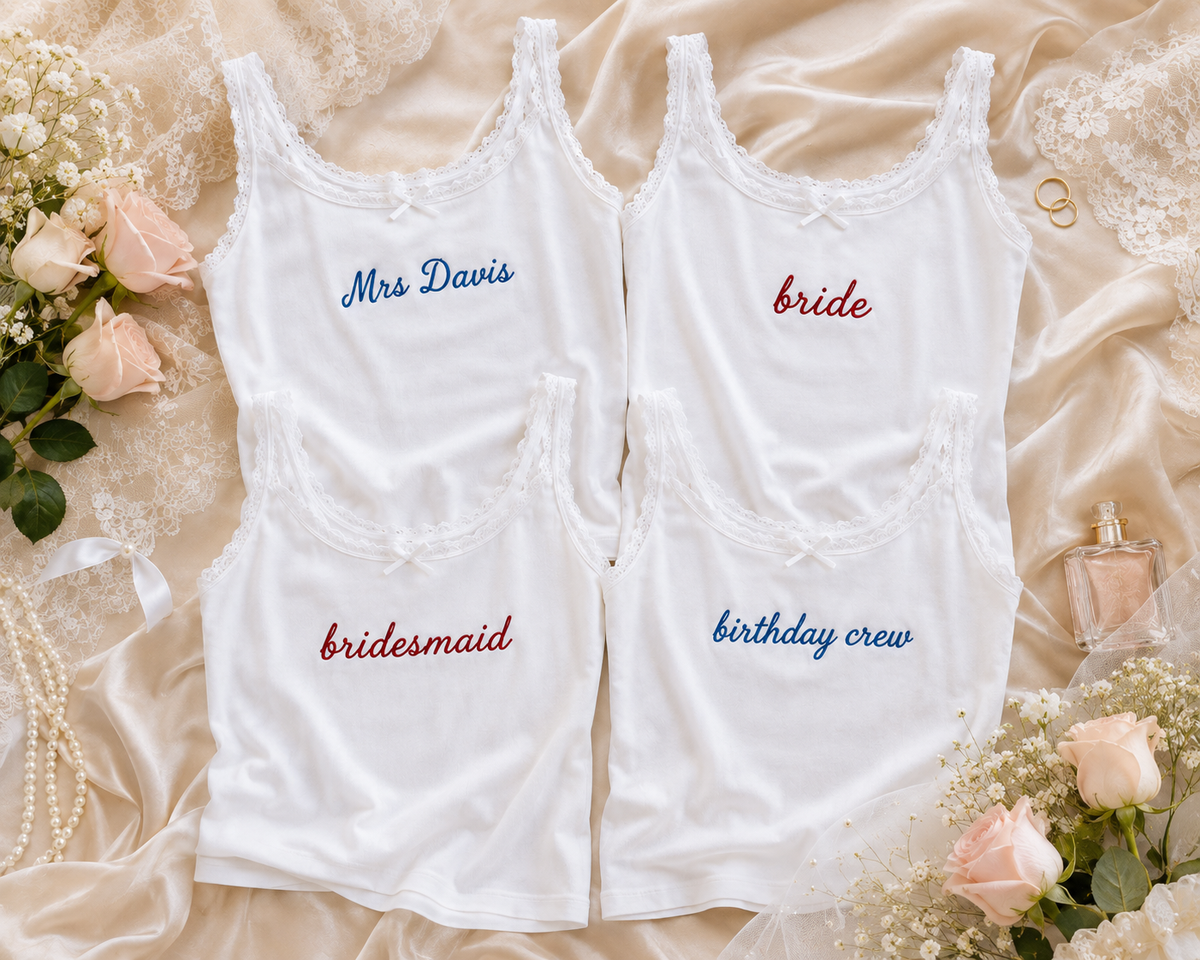 Personalized Embroidered Lace Tank Top | Custom Bride, Bridesmaid, Birthday Crew Name Tank | Bachelorette Party Pajama Top | Custom Text Cami