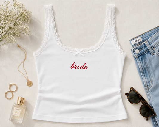 Personalized Embroidered Lace Tank Top | Custom Bride, Bridesmaid, Birthday Crew Name Tank | Bachelorette Party Pajama Top | Custom Text Cami