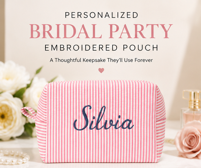 Personalized Embroidered Seersucker Bag, Embroidered | Handmade & Personalized Pouch