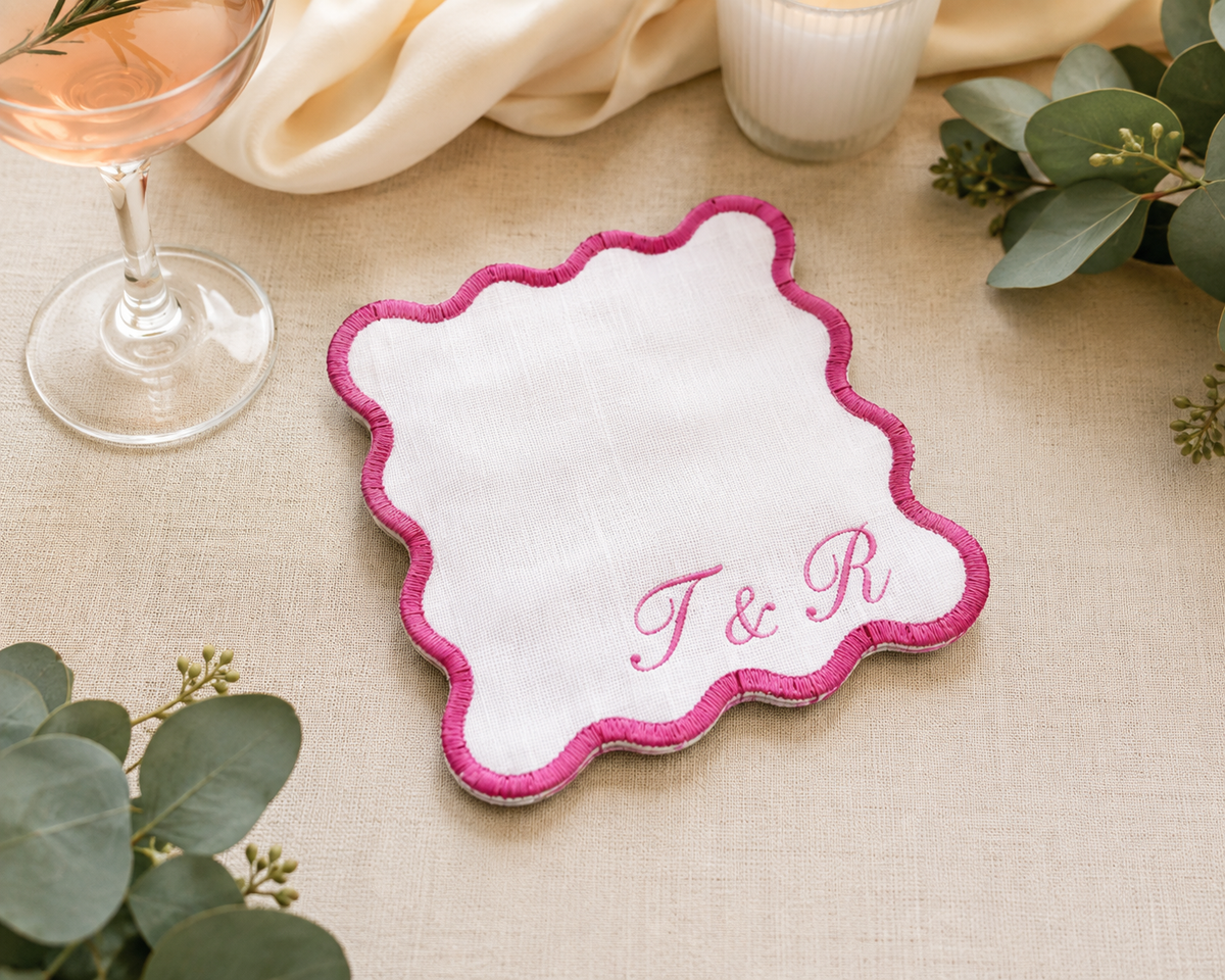 Personalized Scalloped Cocktail Napkins | Custom Embroidered Monogram | Wedding, Bachelorette & Bridal Shower Linens