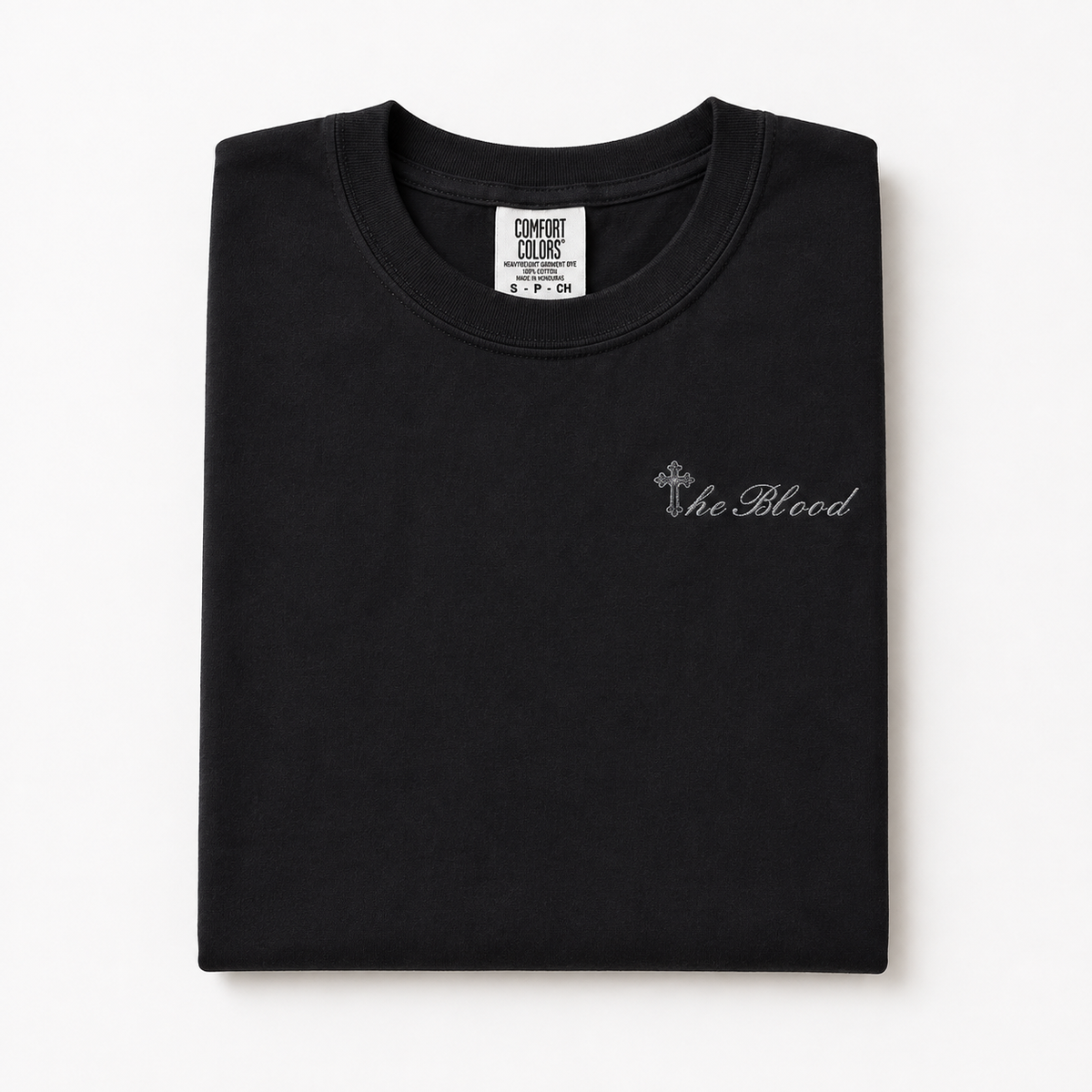 "The Blood" Embroidered Cross T-Shirt | Faith-Based Christian Tee | Comfort Colors Garment-Dyed Shirt | Minimalist Religious Apparel Gift