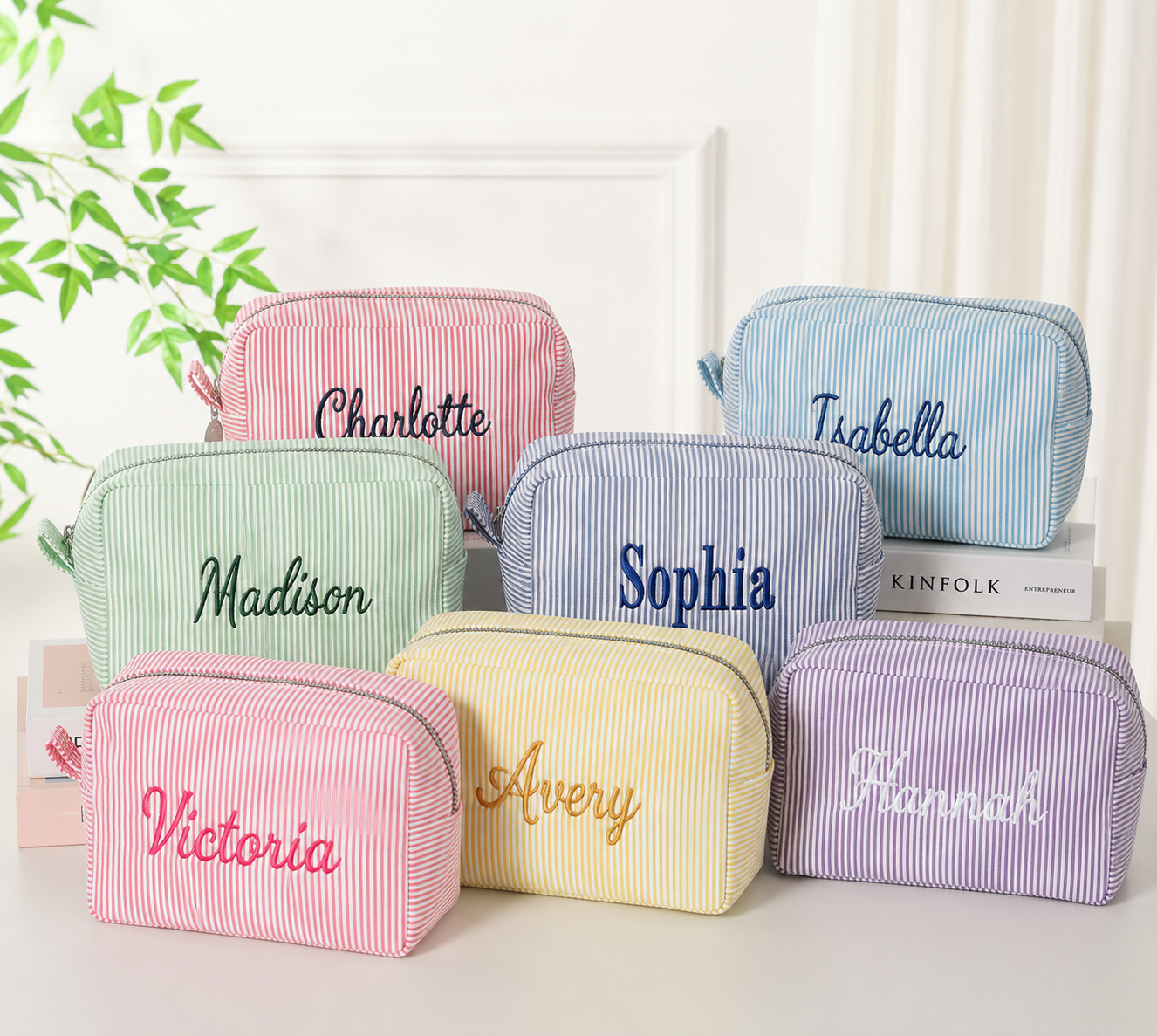 Personalized Embroidered Seersucker Bag, Embroidered | Handmade & Personalized Pouch