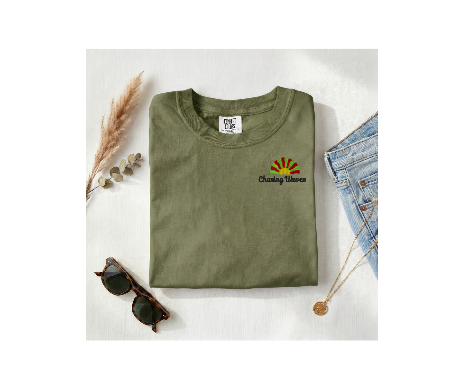 Chasing Waves Embroidered Unisex T-Shirt | Retro Sunburst Beach Tee