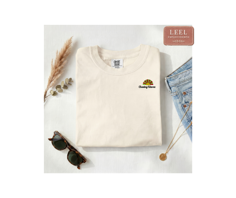 Chasing Waves Embroidered Unisex T-Shirt | Retro Sunburst Beach Tee
