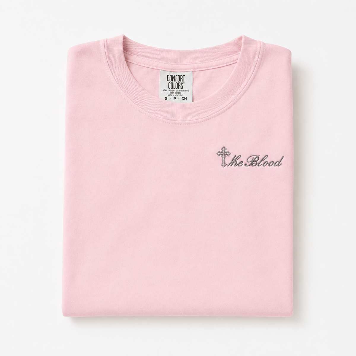 "The Blood" Embroidered Cross T-Shirt | Faith-Based Christian Tee | Comfort Colors Garment-Dyed Shirt | Minimalist Religious Apparel Gift
